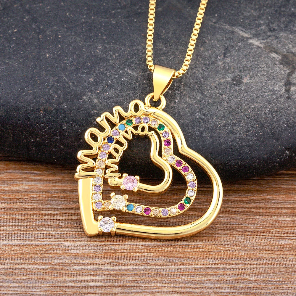 Mama layered crystal heart necklace