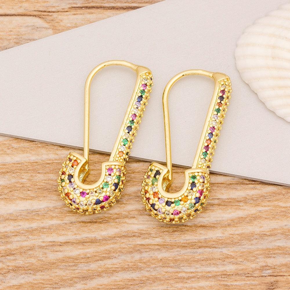 Multicolor Safety Pin Crystal Earrings - Rosetose