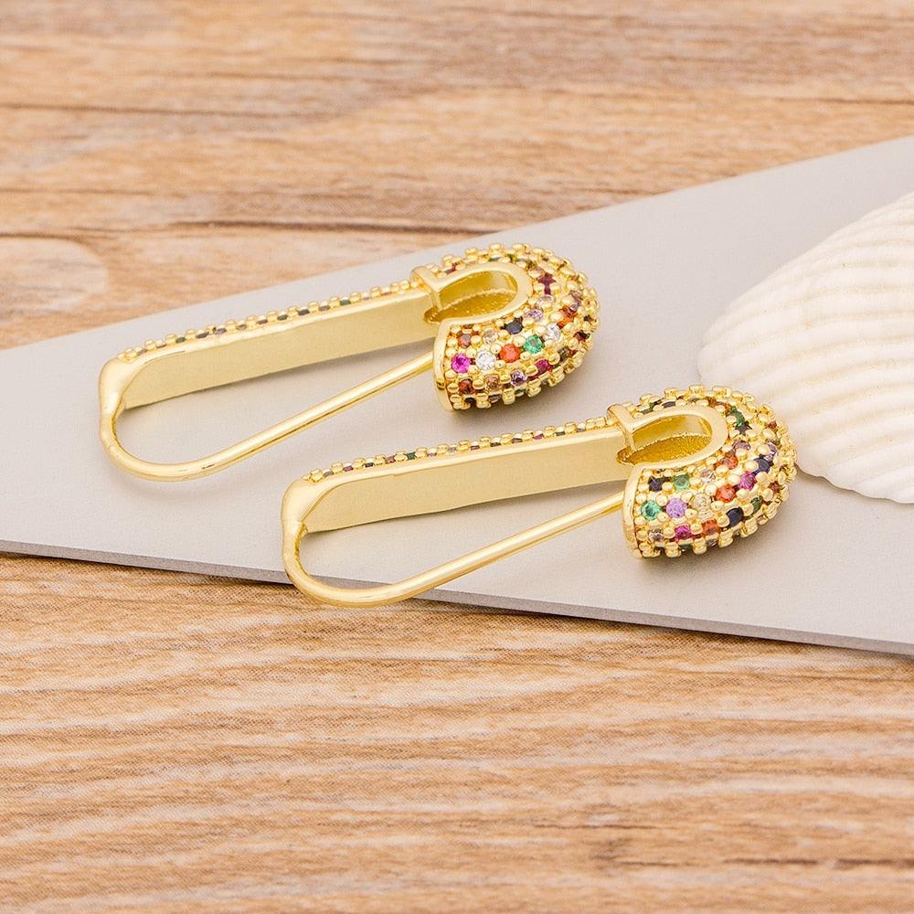 Multicolor Safety Pin Crystal Earrings - Rosetose