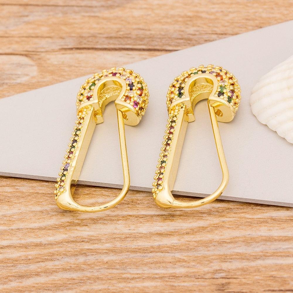 Multicolor Safety Pin Crystal Earrings - Rosetose