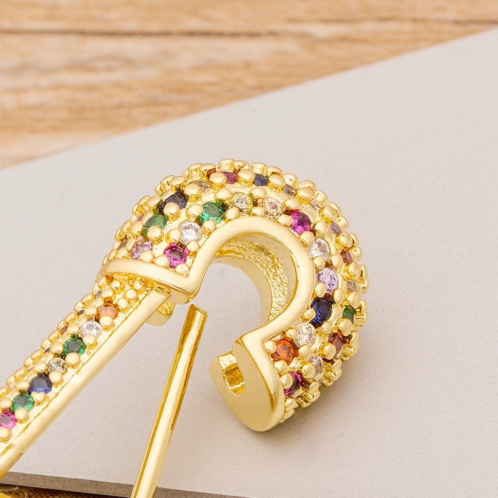 Multicolor Safety Pin Crystal Earrings - Rosetose