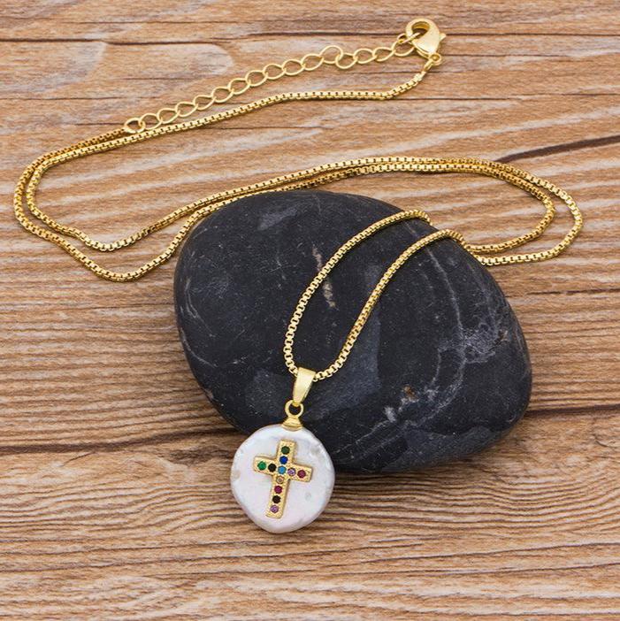 Damita Cross Pearl Necklace - Rosetose