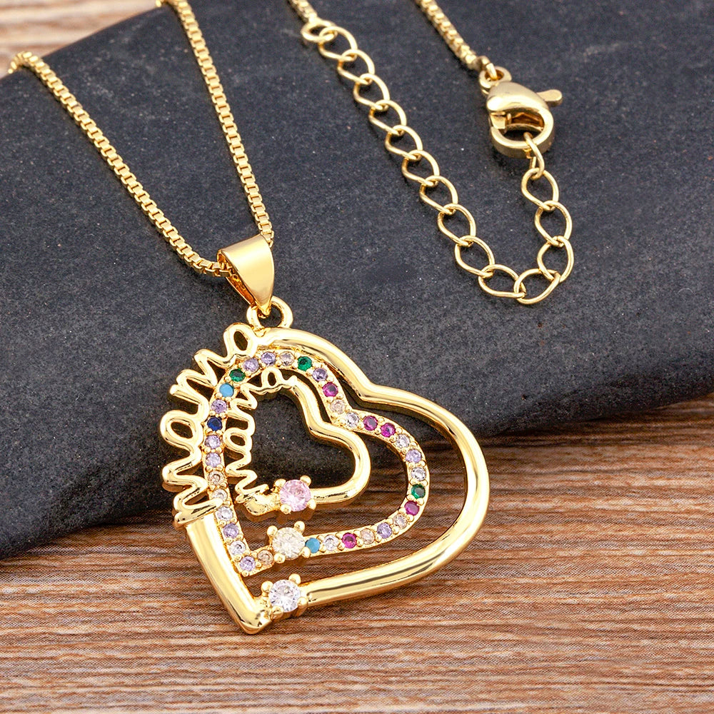 Mama layered crystal heart necklace